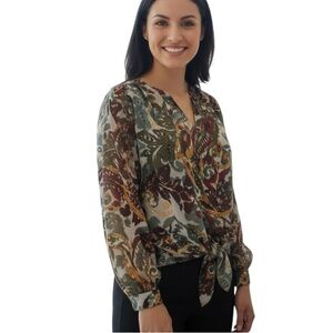 Bobeau Small Button Front Semi Sheer Abstract Earth Tone Tie Front Blouse